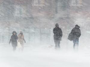 Photo of two groups of people in a wintry landscape
