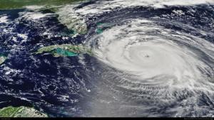 Aerial view of Hurricane Irma hovering over the U.S. Caribbean headed northwest toward Florida.