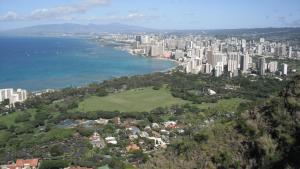 Park and high-rise buildings along coast.