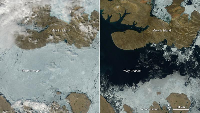 Left: Satellite view of ice and land. Right: Satellite view of open water and land.