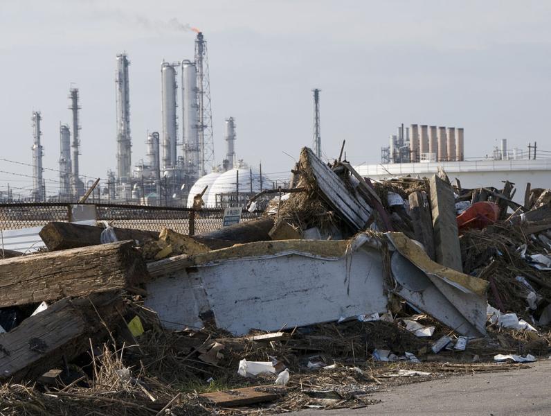 Storm debris near an oil refinery in Port Arthur, Texas