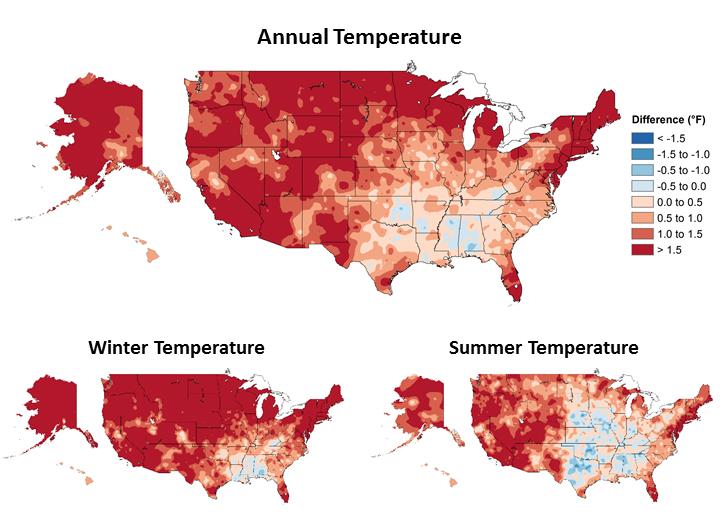 Maps showing observed changes in temperatures across the United States