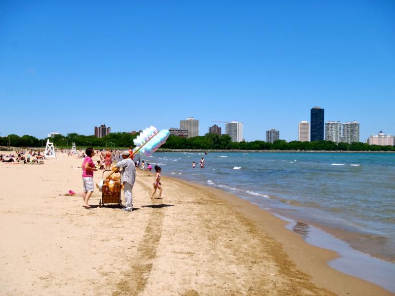 People on a Lake Michigan beach, near Chicago