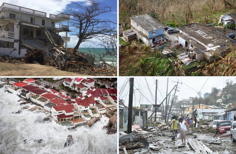 Collage de cuatro fotografías que muestran la destrucción de edificios, viviendas e infraestructura tras los huracanes Irma y María.