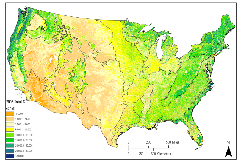 Map Showing Average amount of carbon stored in all terrestrial ecosystems in the conterminous United States in 2005