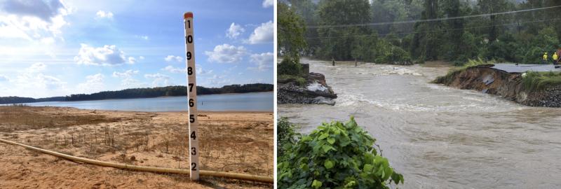 Dried lake bed on left, flooded stream on right
