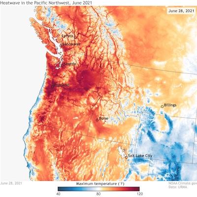 Heat map showing red areas over Seattle and Portland