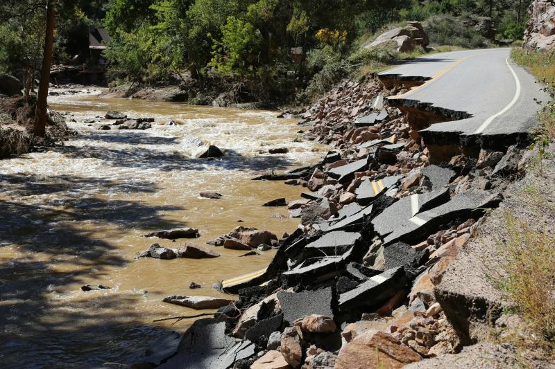 Damaged road after flooding in Colorado