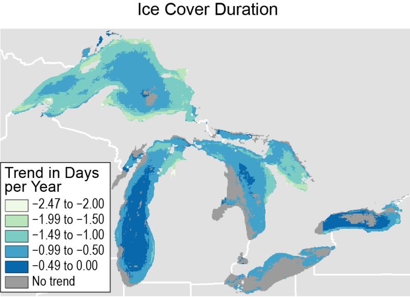 Maps showing the duration of seasonal ice cover in the Great Lakes
