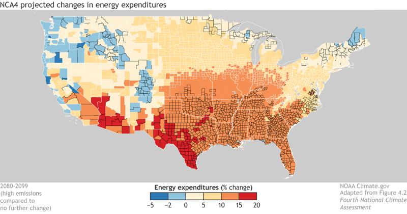 Contiguous U.S. map shows increasing energy costs for all but the coolest locations