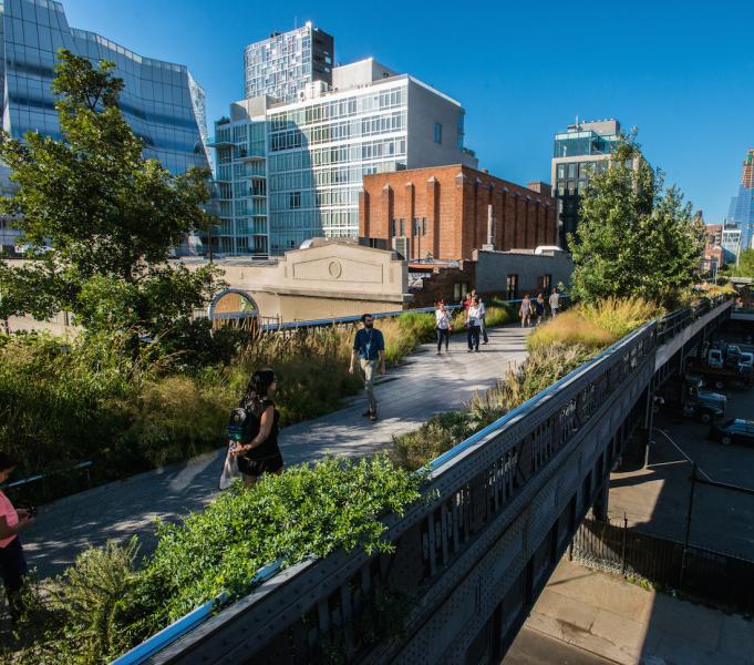 Plants line an elevated walkway among high-rise buildings