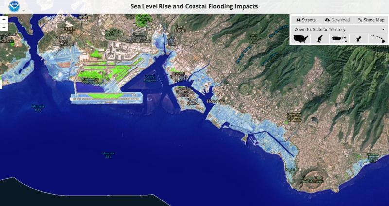 Map showing areas of O'ahu that would be inundated at high tide after 6 feet of sea level rise