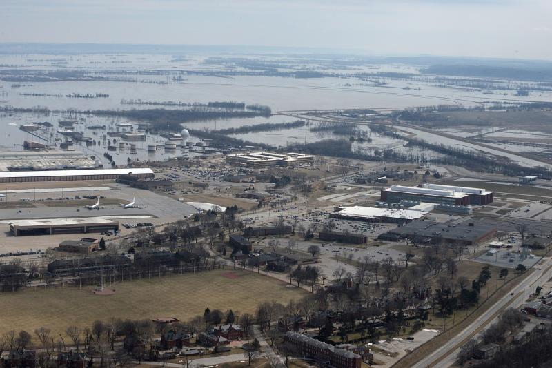Aerial view of Offutt Air Force Base in Nebraska affected by flood waters in 2019