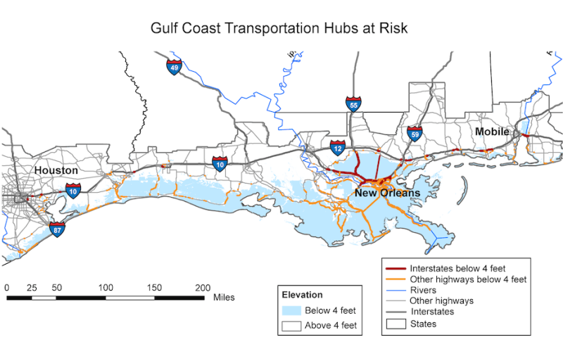 Map showing potential inundation of Gulf Coast transportation assets within 4 feet of sea level