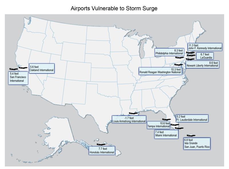 Map showing 13 U.S. airports vulnerable to storm surge