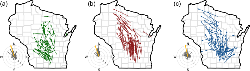 Three maps of Wisconsin depicting range shifts of understory plant species, the direction of such shifts, and the lag between the shift and where climate factors suggest they should be 