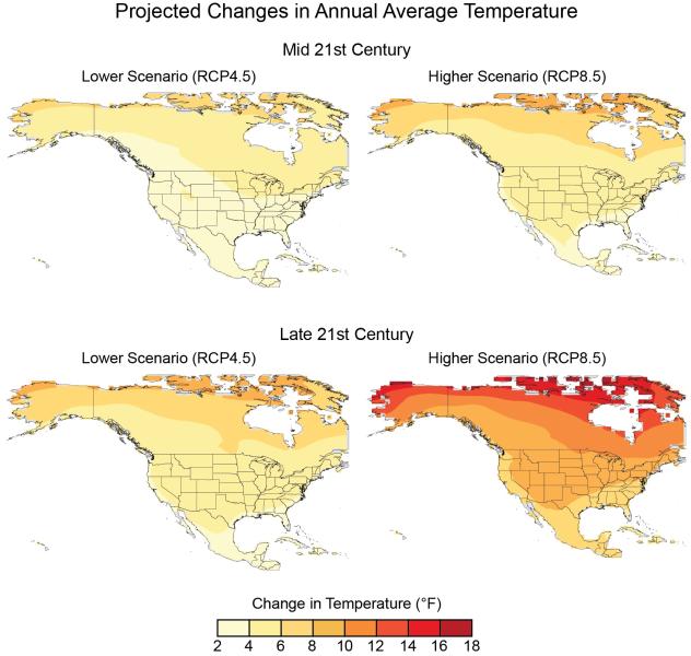 Projected temperature change for mid- and late-century under two scenarios