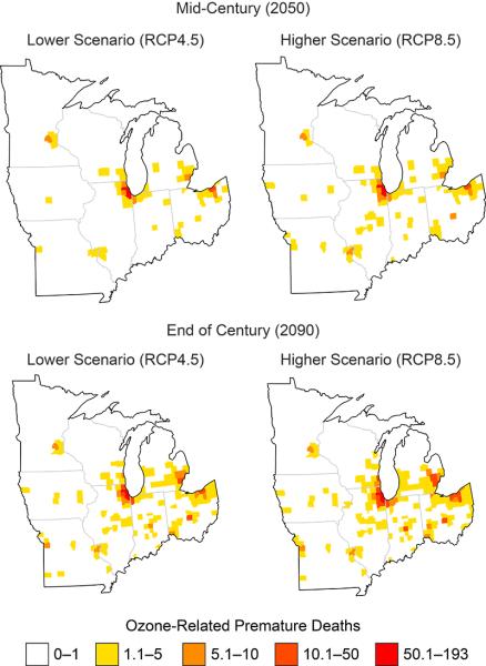 Maps show county-level estimates for the change in average annual ozone-related premature deaths in the Midwest
