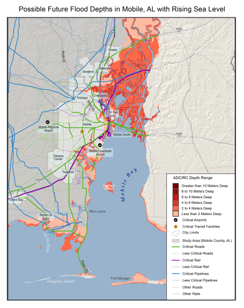 Map Showing Possible Future Flood Depths in Mobile, AL, with Rising Sea Level