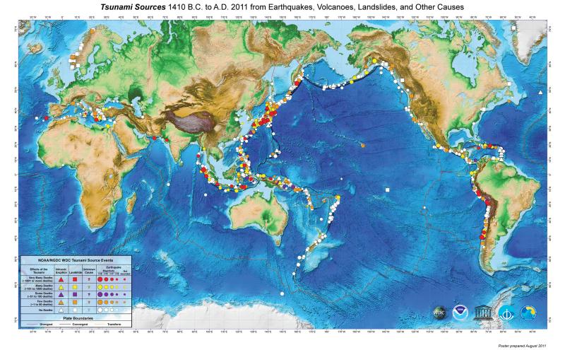 Map Showing Tsunami Sources 1410 B.C. to A.D. 2011